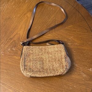 Vintage Y2K Fossil Natural Tan Raffia Wicker Metallic Bronze Leather Crossbody